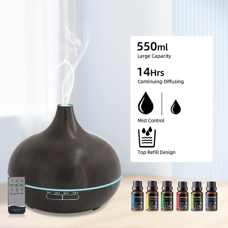 550Ml Aromatherapy Diffuser with 6 Essential Oils Wood Grain Ultrasonic Humidifier, Remote Control & 7 Color LED Light Ideal for Christmas, Birthday & Housewarming Air Purifier
